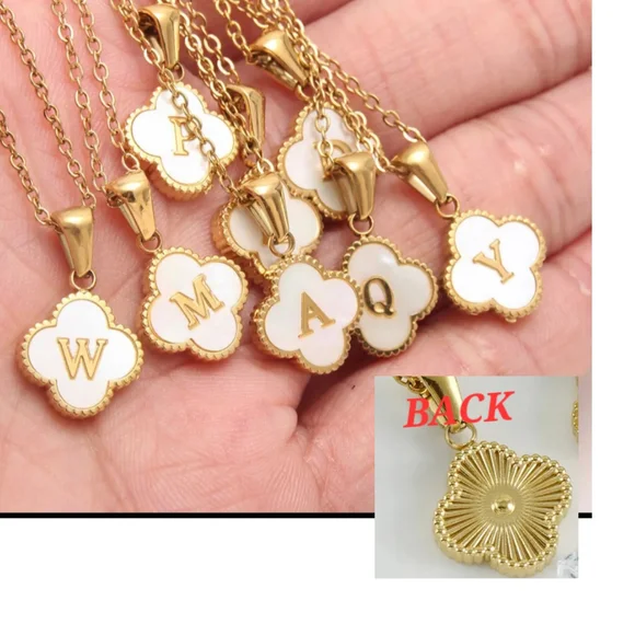 Gold Initial 'R' Clover Pendant Necklace - White & Gold - Picture 4 of 7